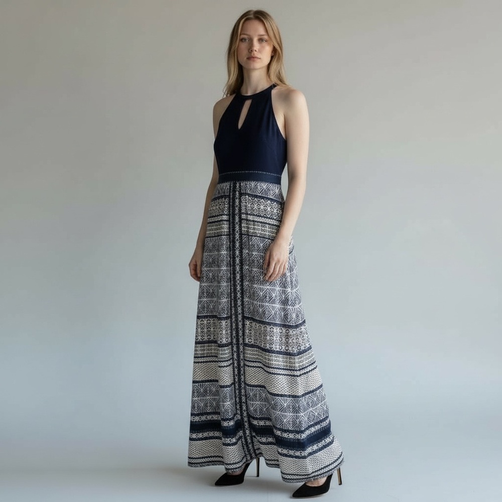 Vince Camuto Barktooth Sleeveless High Neck Maxi Dress Dark Blue  White Womens 6